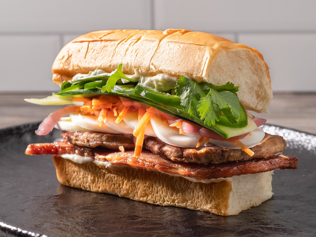 Breakfast Banh Mi sandwich featuring Wright® Brand Bacon and Jimmy Dean® Sausage Patties