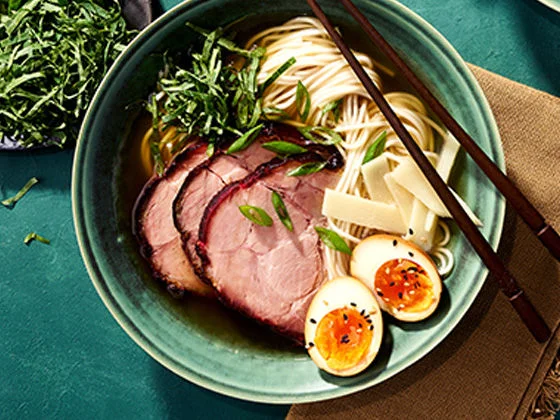 Southern BBQ Pork Ramen Bowl with Spicy Pickled Egg