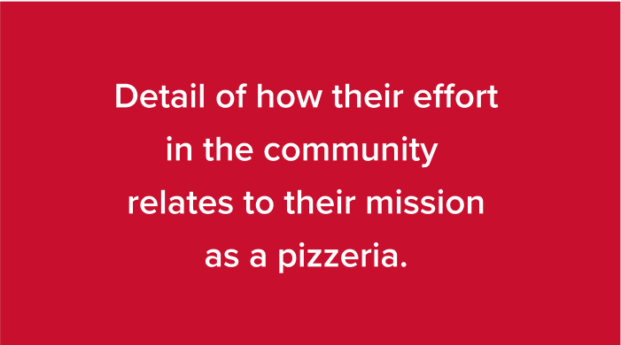 Detail how the effort in the community relates to the pizzerias mission