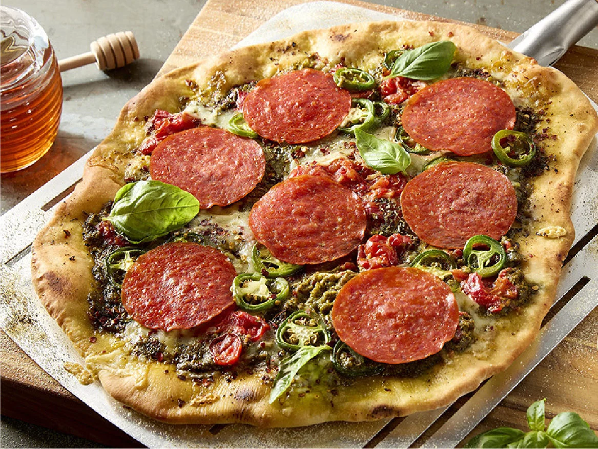 Sweet and spicy tomato basil pepperoni pizza
