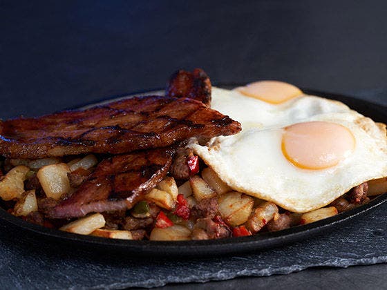 Eggs, Bacon and potatoes on a plate.