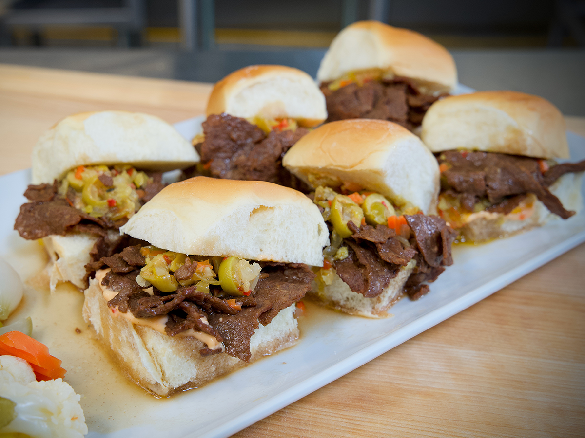 Italian Beef Sliders featuring Steak-EZE® Redi Steak® Fully Cooked Philly Style Beef Sliced Steak. 