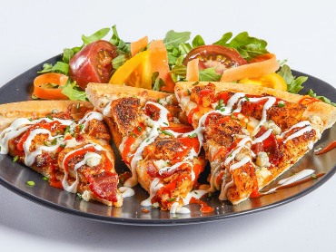 Buffalo Bacon Blackened Chicken & Bleu cheese pizza