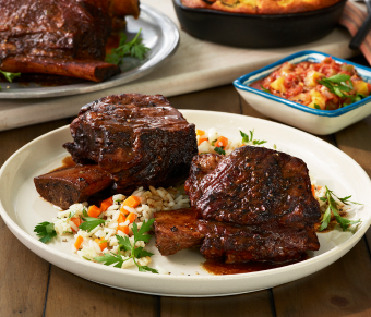 Beef ribs cuts plated with veggie rice