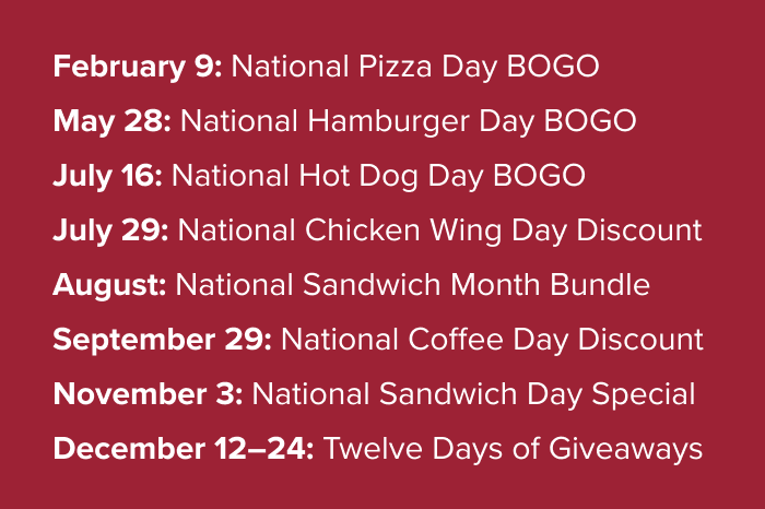 National Days such as Pizza, Hamburger, Hot Dog, Sandwich, and more