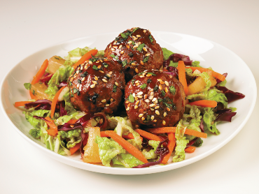 Asian Black Pepper-Garlic Meatball Salad in a bowl.