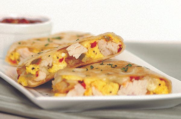 Breakfast quesadilla with diced chicken