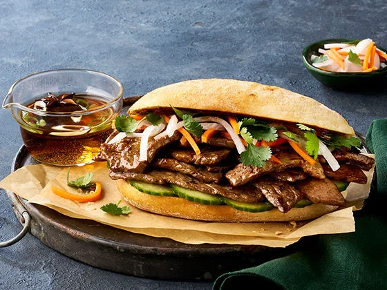 Vietnamese Bahn Mi inspired French dip style sandwich with five-spice beef