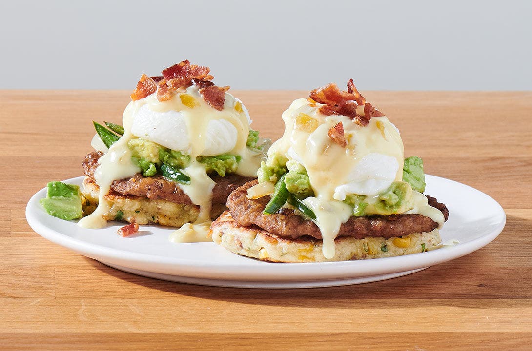 Southwest benedict with corn and bacon griddlecake