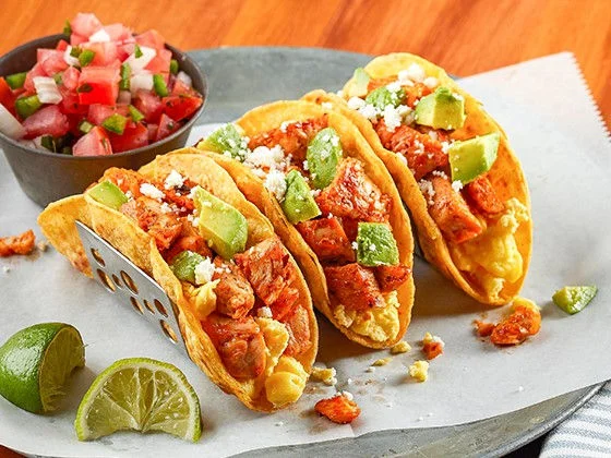 Chicken Breakfast Tacos featuring Tyson Red Label® Grilled Chicken Breast Strips