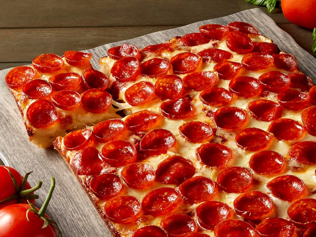Detroit style pizza with cupping pepperoni