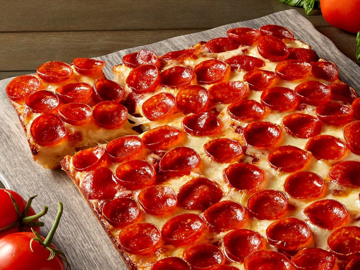 Detroit style pizza with cupping pepperoni
